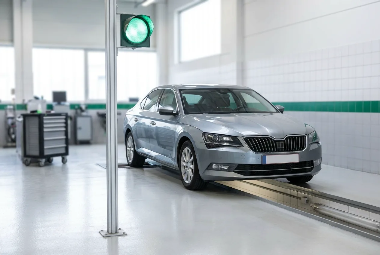 Auto in de keuringslijn van een Belgisch keuringscentrum, het equivalent van de Nederlandse APK