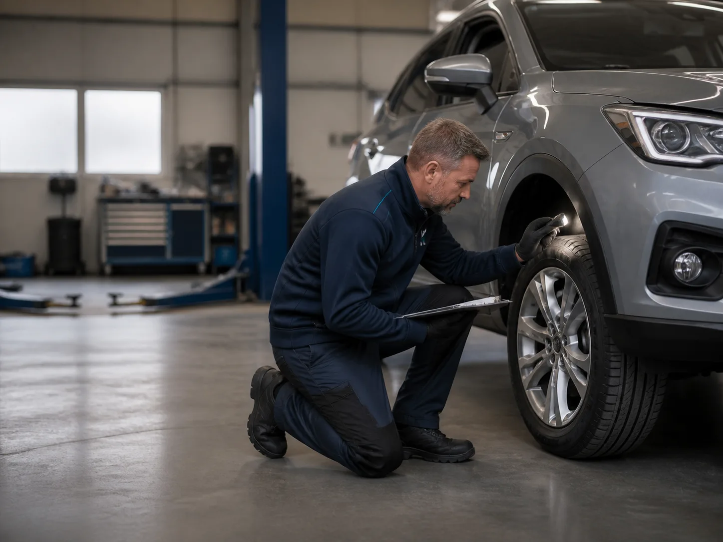 Een monteur controleert een wiel tijdens een technische pre-check
