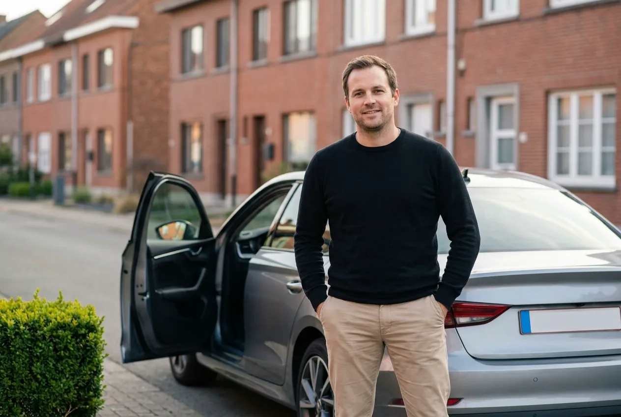 Persoon naast een auto met open bestuurdersdeur in een Belgische woonstraat