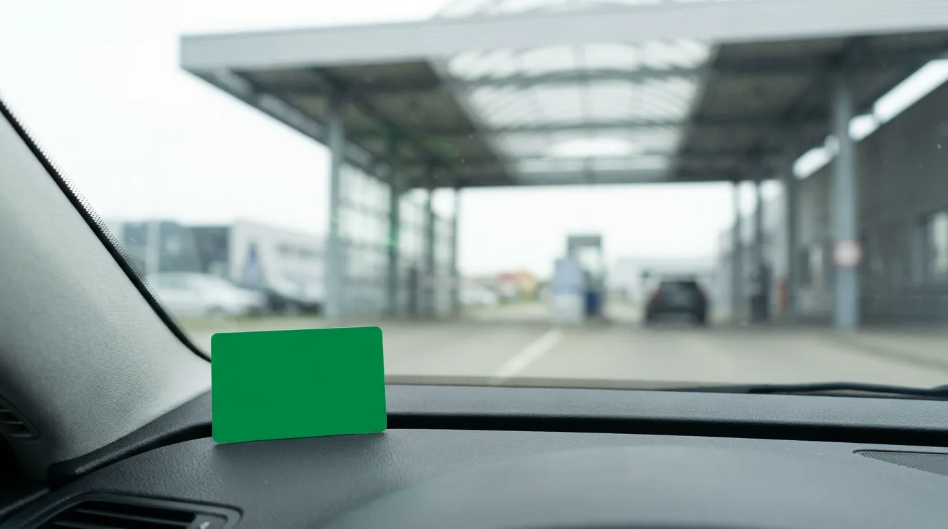 Keuringsbewijs, een blanco groen keuringsdocument op het dashboard van een auto