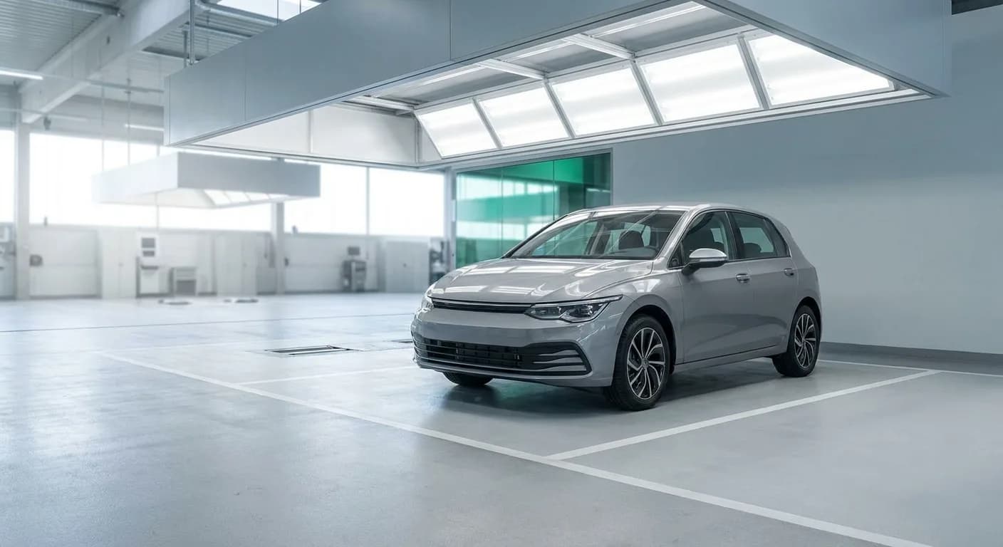Une voiture sur la ligne de contrôle dans un centre de contrôle technique moderne