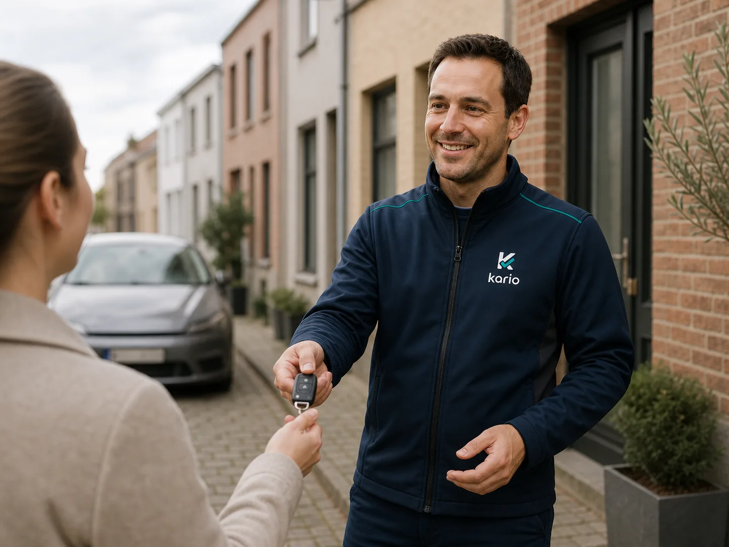 Een Kario-partner geeft de autosleutel terug aan een klant