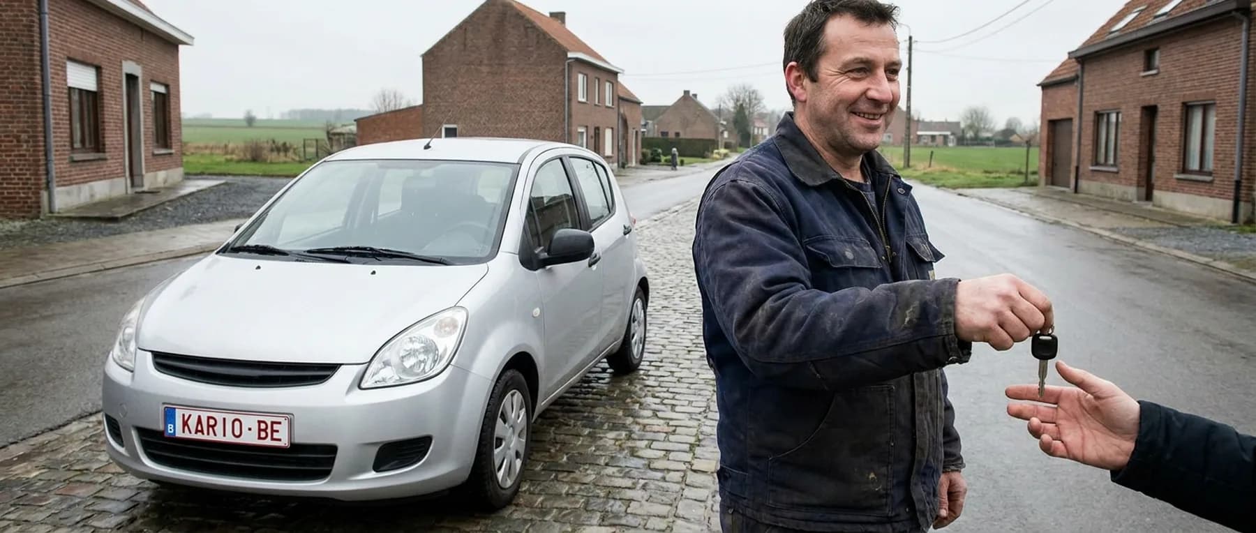 Auto verkopen met rode kaart — een verkoper overhandigt de autosleutel aan de koper naast een ongemarkeerde auto