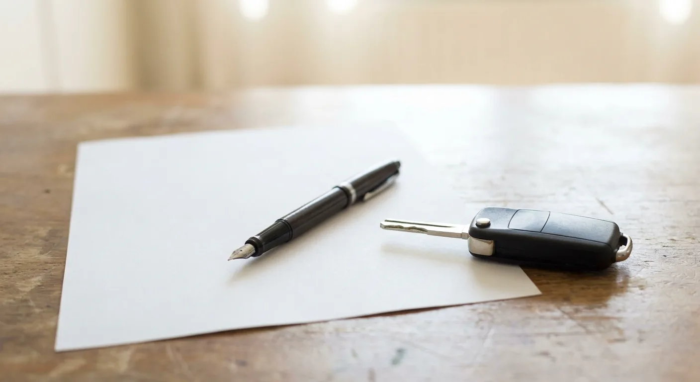 Verkoopovereenkomst — een pen op een blanco document met een autosleutel