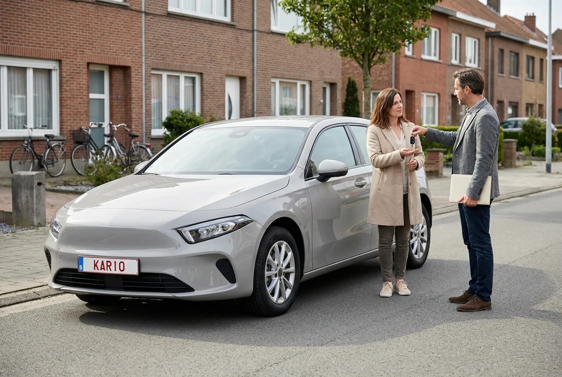 Auto verkopen zonder keuring — een verkoper overhandigt de autosleutel en een blanco documentenmap aan de koper