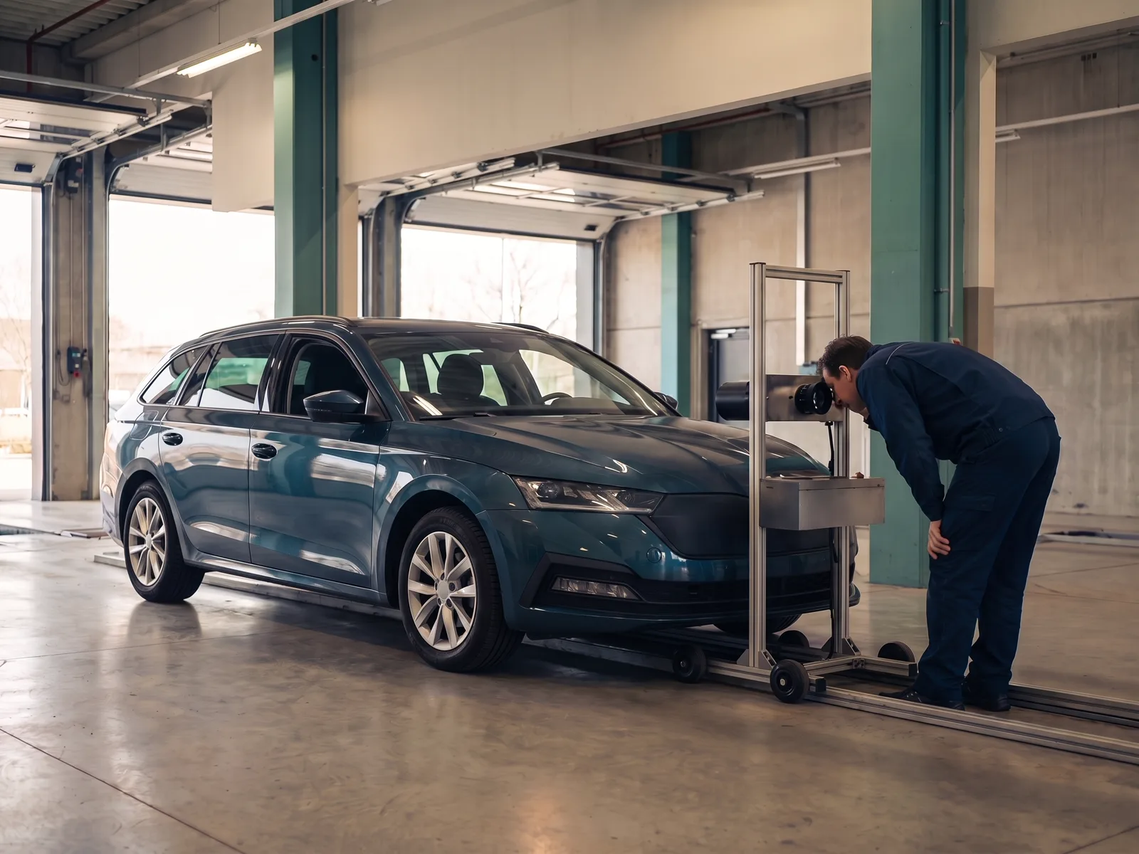 Test van de koplampen van een wagen in een keuringshal