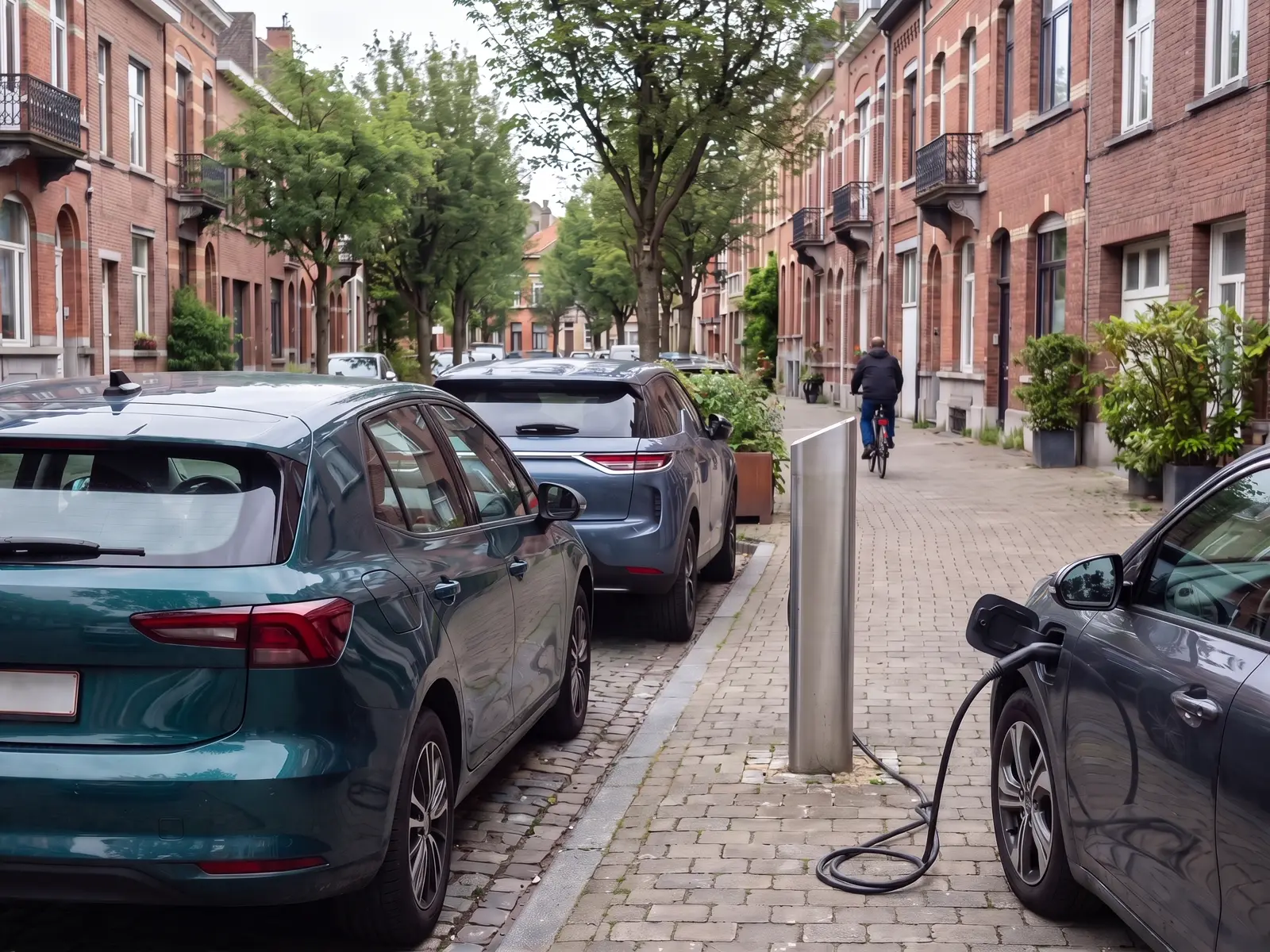 Recente wagens in een groene straat in de binnenstad