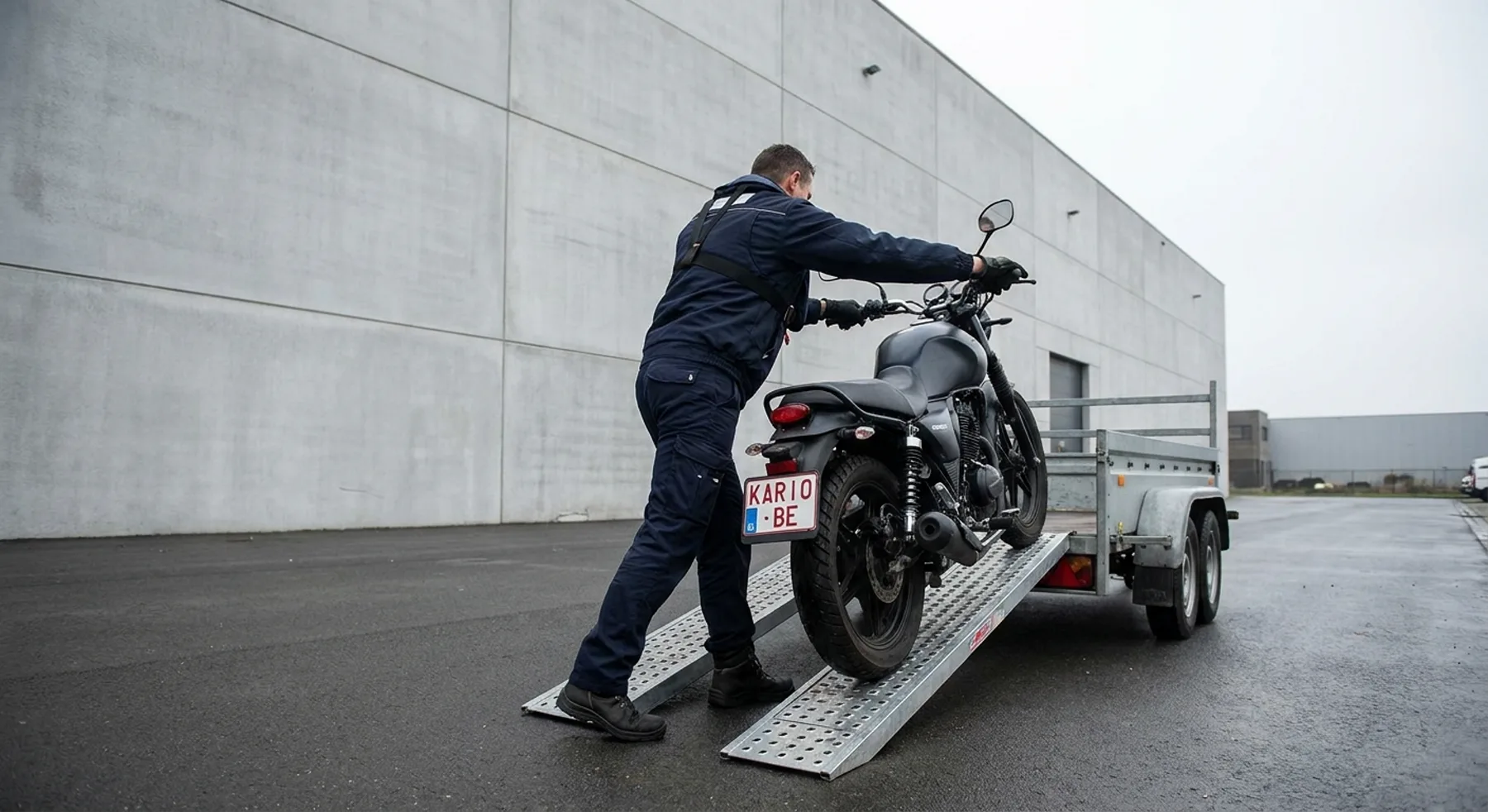 Motorfiets laten keuren: een chauffeur laadt een motor met kario.be-nummerplaat op een transportaanhangwagen