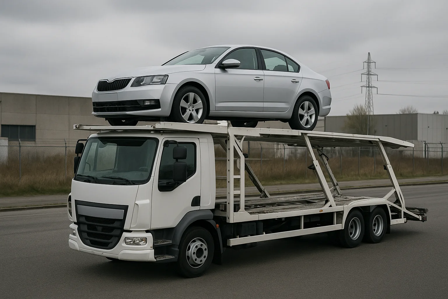 Pick-upservice voor garages: een autotransporter met een wagen op de bovenste laadvloer