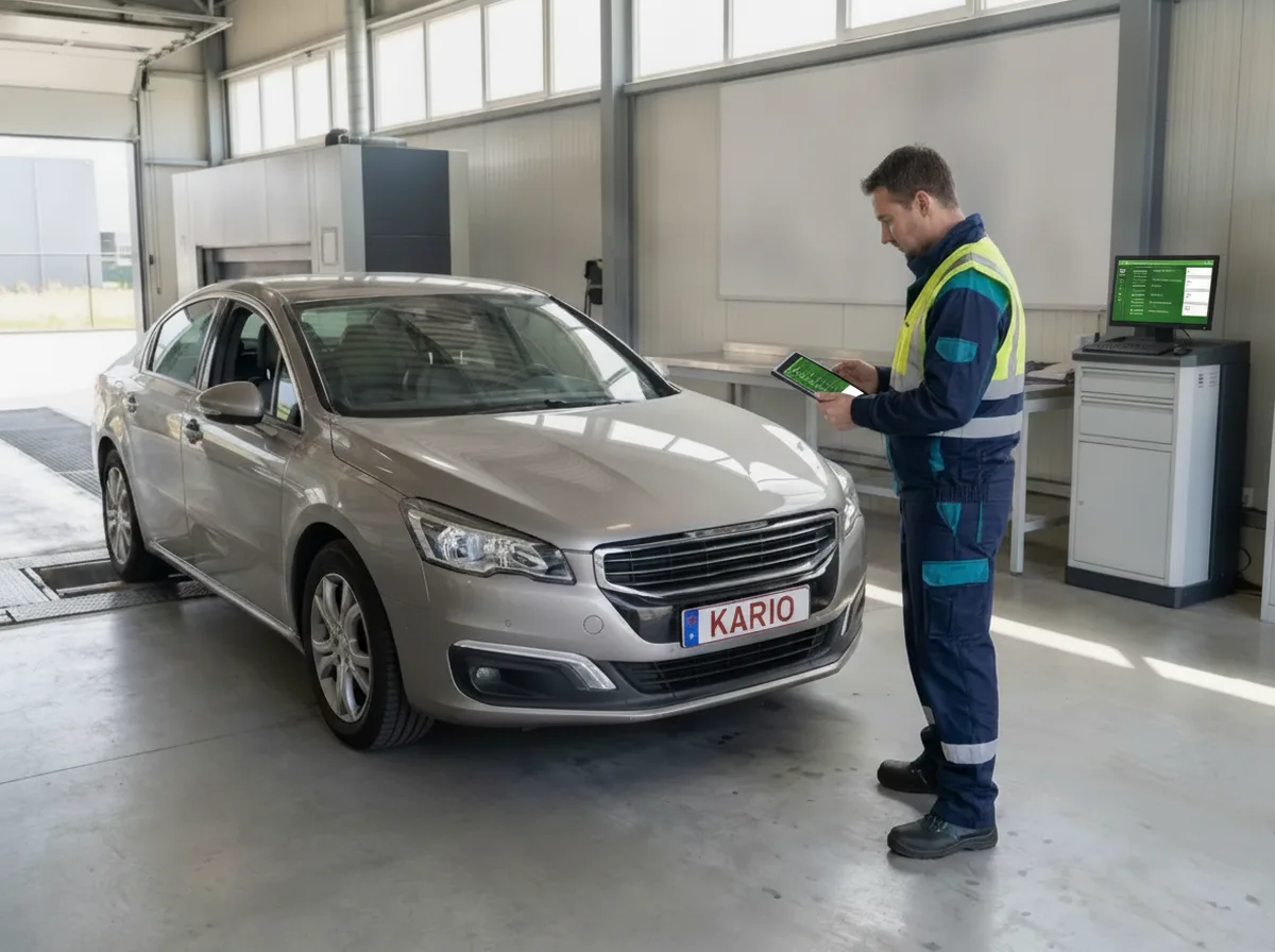 Auto op de keuringslijn met inspecteur die de officiële keuringsprijs controleert