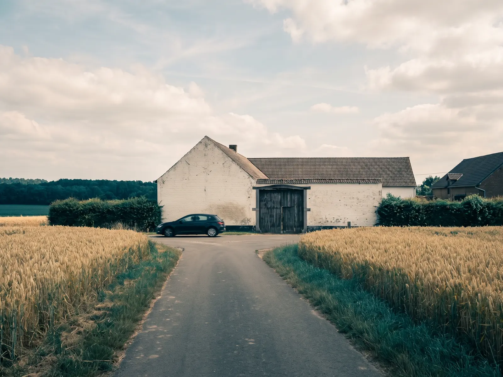 Weg langs graanvelden en een hoeve in Waals-Brabant