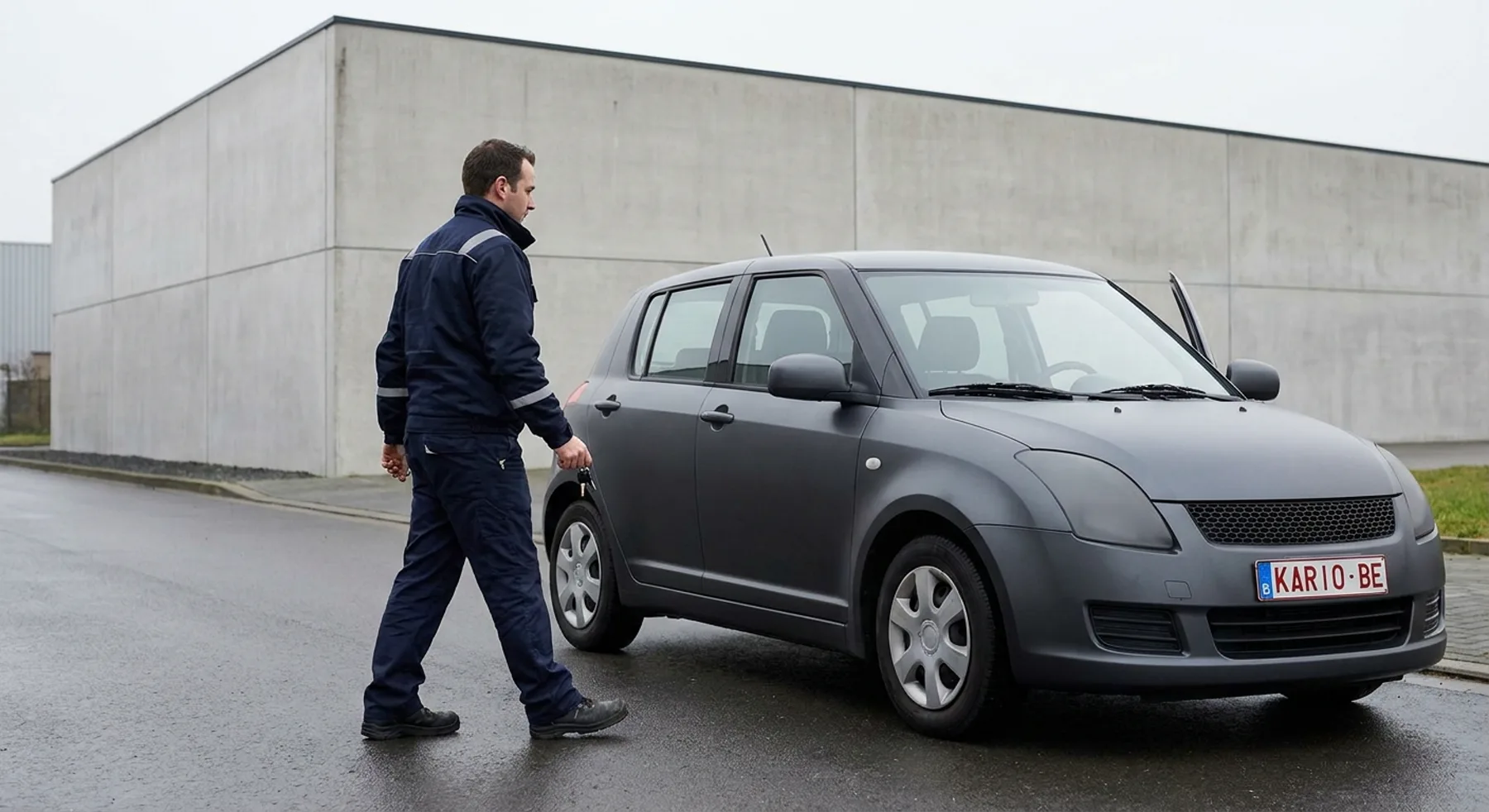 Spoedkeuring laten regelen: een chauffeur loopt met autosleutels naar een wagen met kario.be-nummerplaat
