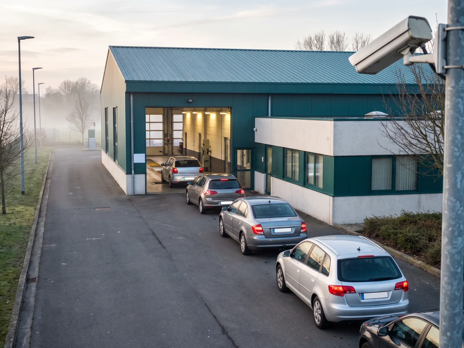 Rij wagens aan de inrit van een keuringscentrum (sfeerbeeld, geen webcambeeld)