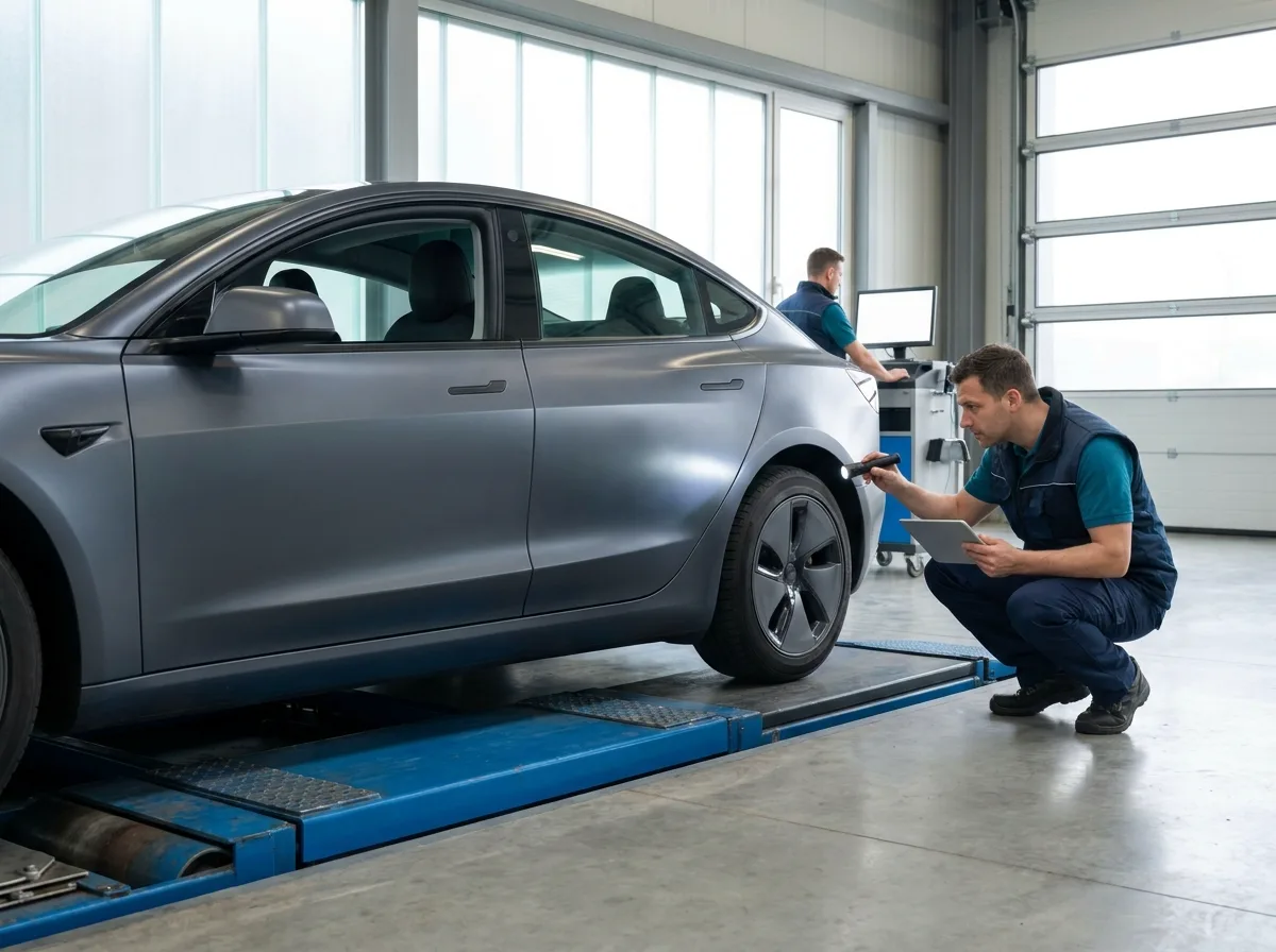 Elektrische wagen op de keuringsinstallatie van een erkend keuringscentrum