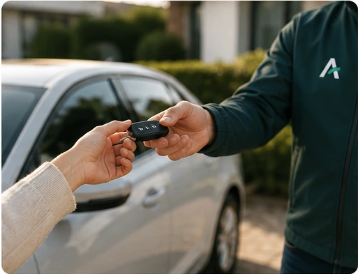 Un client remet la clé de sa voiture à un partenaire Kario local