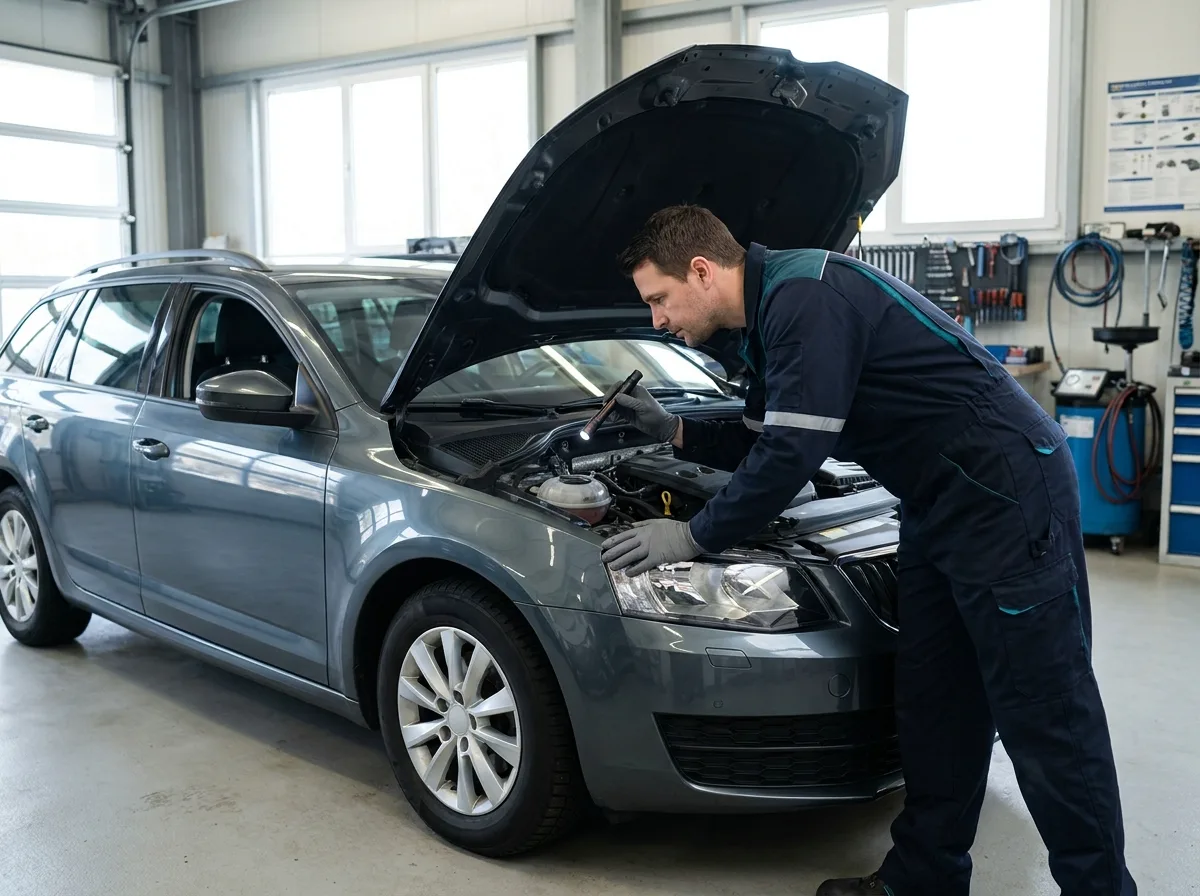 Nazicht voor de keuring met geopende motorkap in een garage