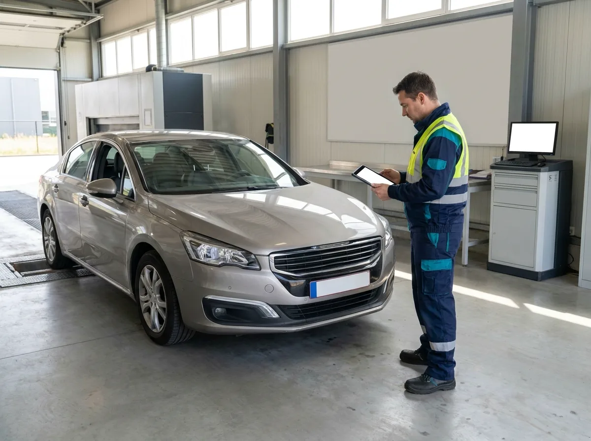 Auto op de keuringslijn met inspecteur die de officiële keuringsprijs controleert