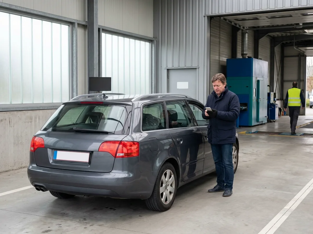 Bestuurder checkt de tijd bij aankomst aan het keuringscentrum